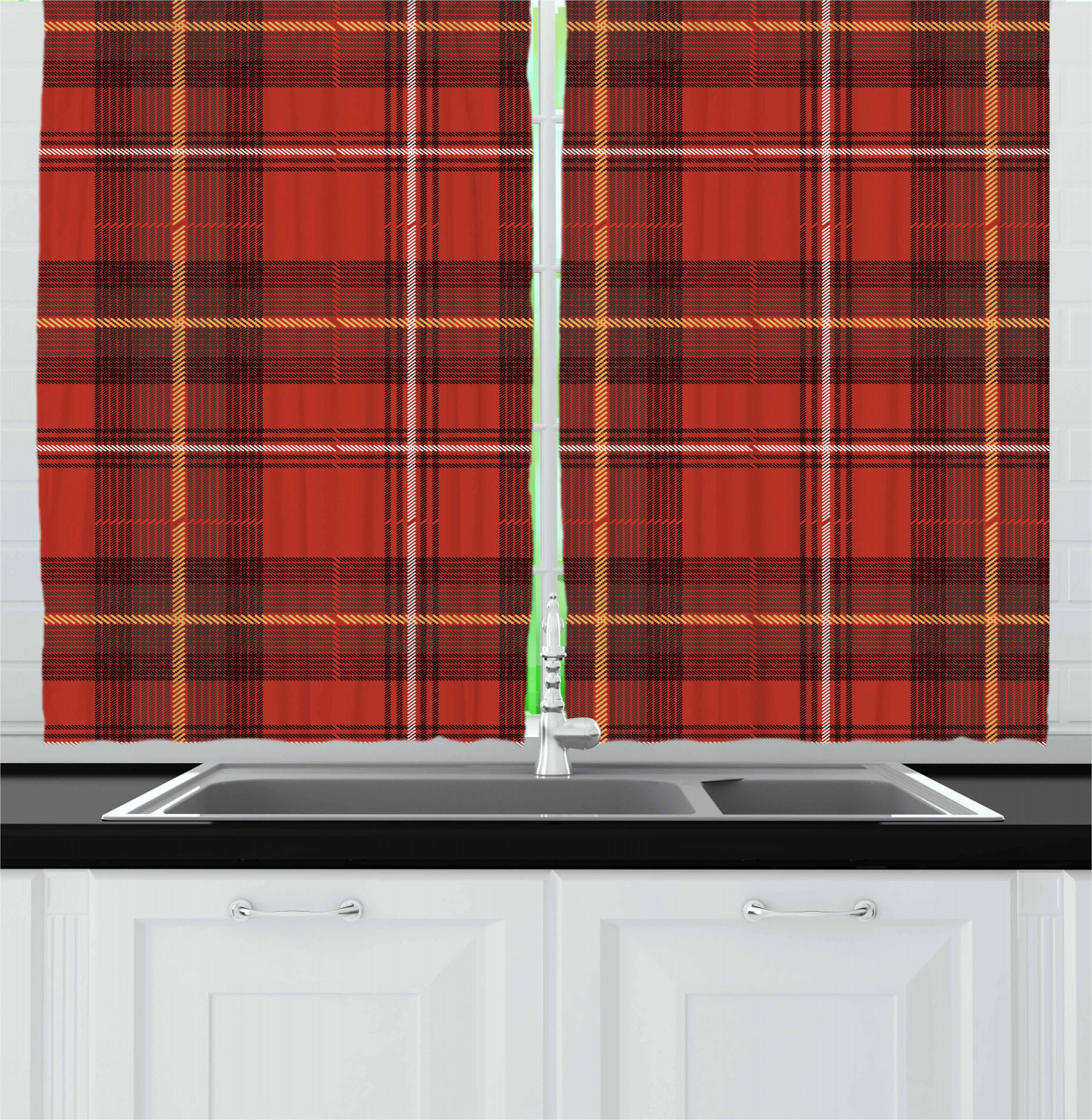 Red Plaid Curtains 2 Panels Set, Traditional European Culture Inspired