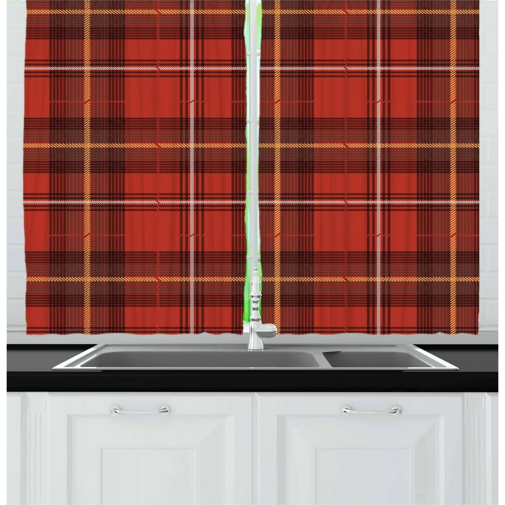 Red Plaid Curtains 2 Panels Set, Traditional European Culture Inspired