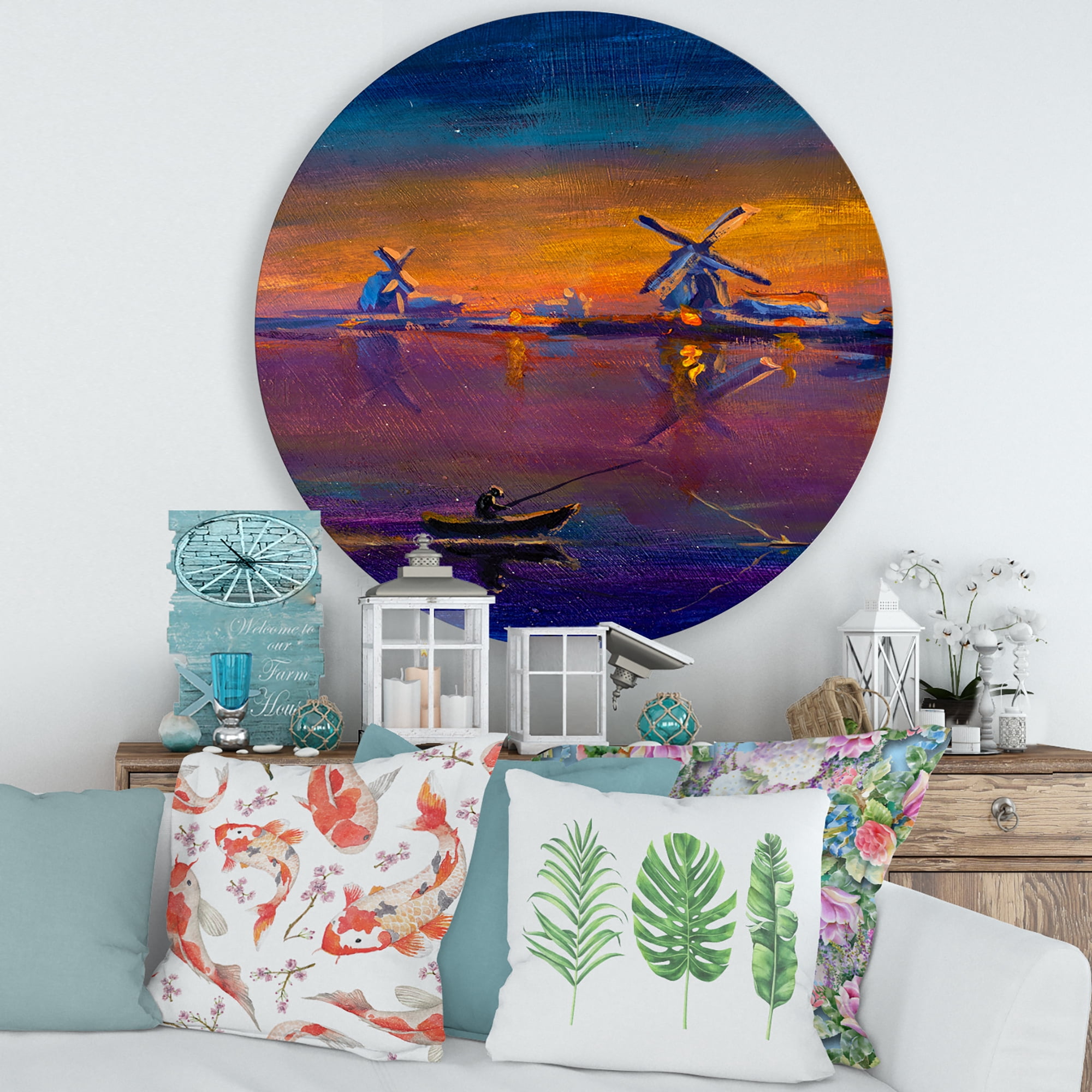 Designart 'Evening Fishing Near The Traditional Windmill' Nautical & Coastal Circle Metal Wall Art 29x29 - Disc of 29