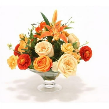 Waterlook Orange & Gold Roses, Ranunculus, Lilies in Glass Compote