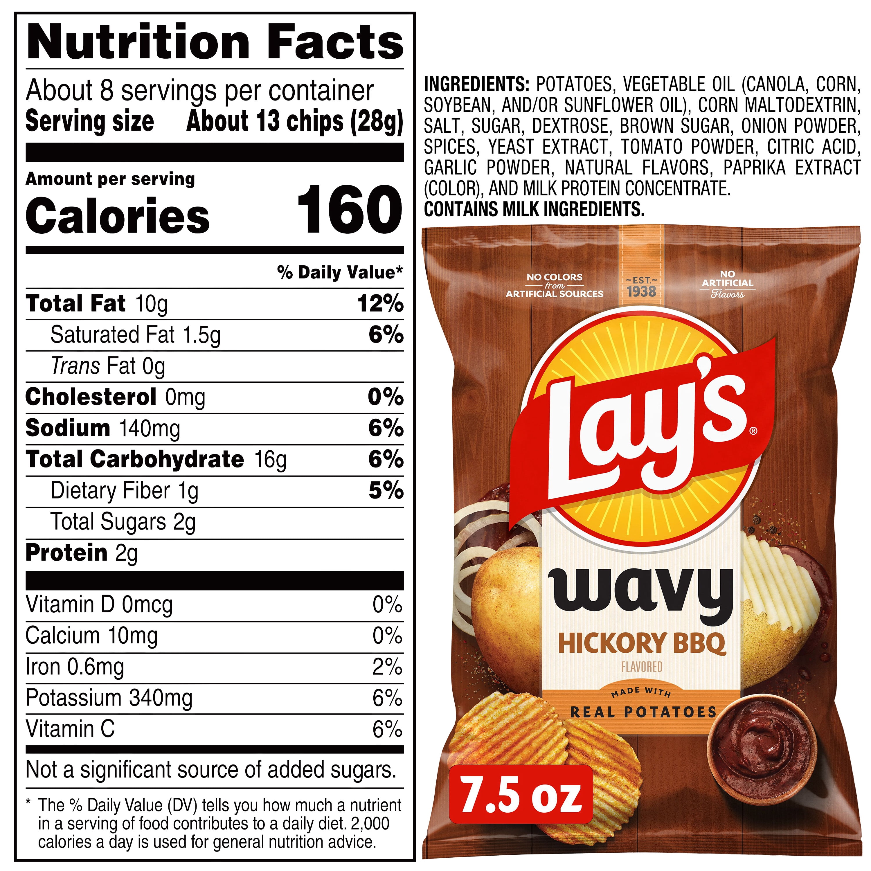 Lay's Wavy Hickory BBQ Flavored Potato Chips, 7.5 oz Bag