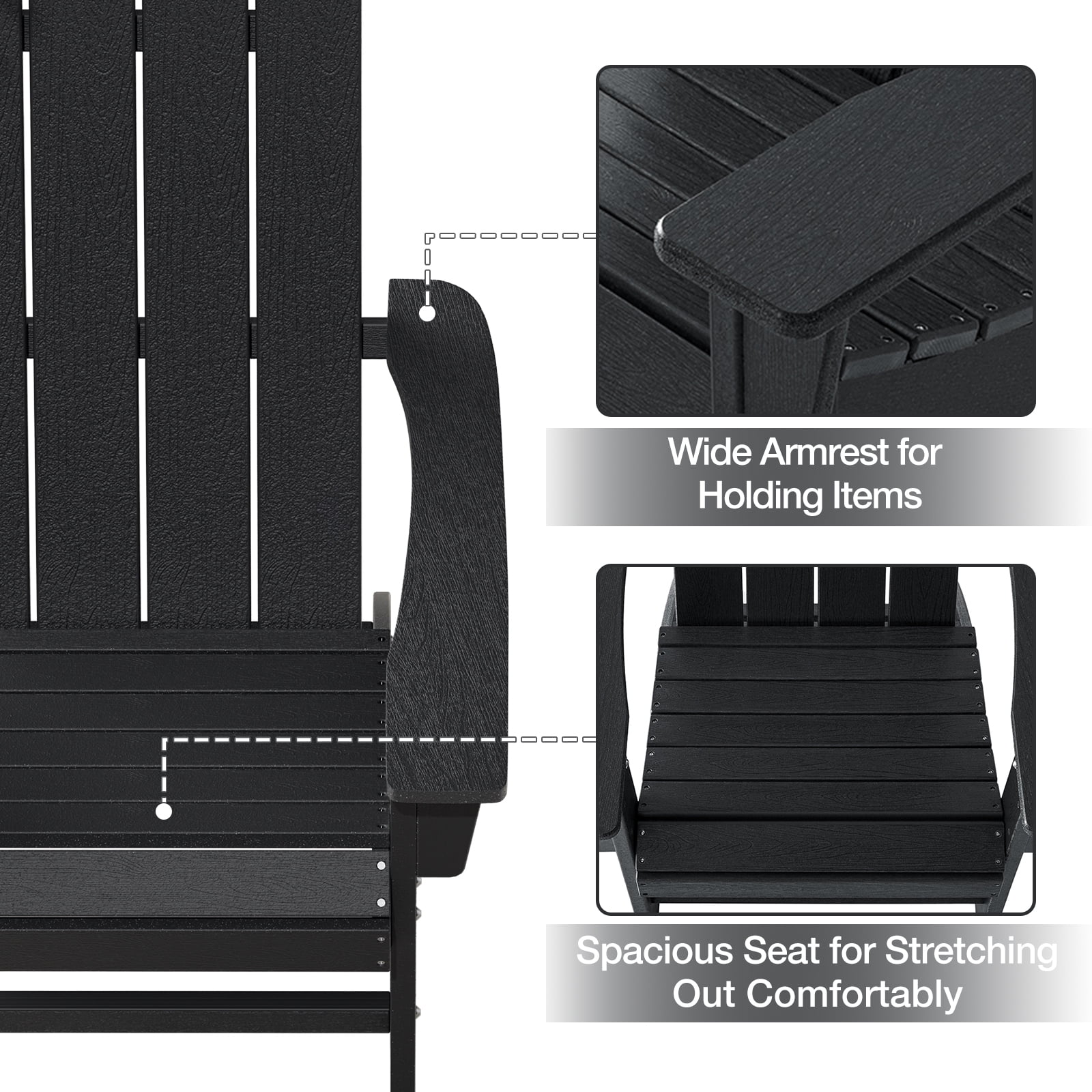 Garpans Adirondack Chair All Weather Outdoor Adirondack Chair HDPE Outdoor Chair for Patio Front Porch Pool Garden Deck Fire Pit Outside, Black