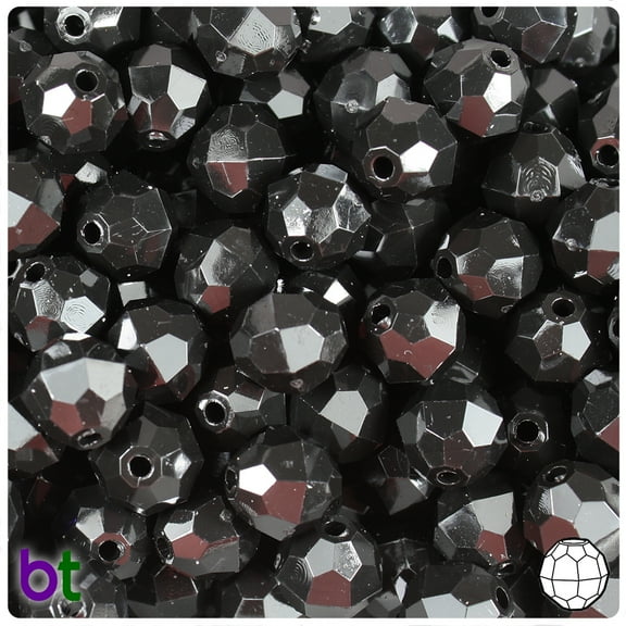 BeadTin Black Opaque 12mm Faceted Round Plastic Beads (180pcs)