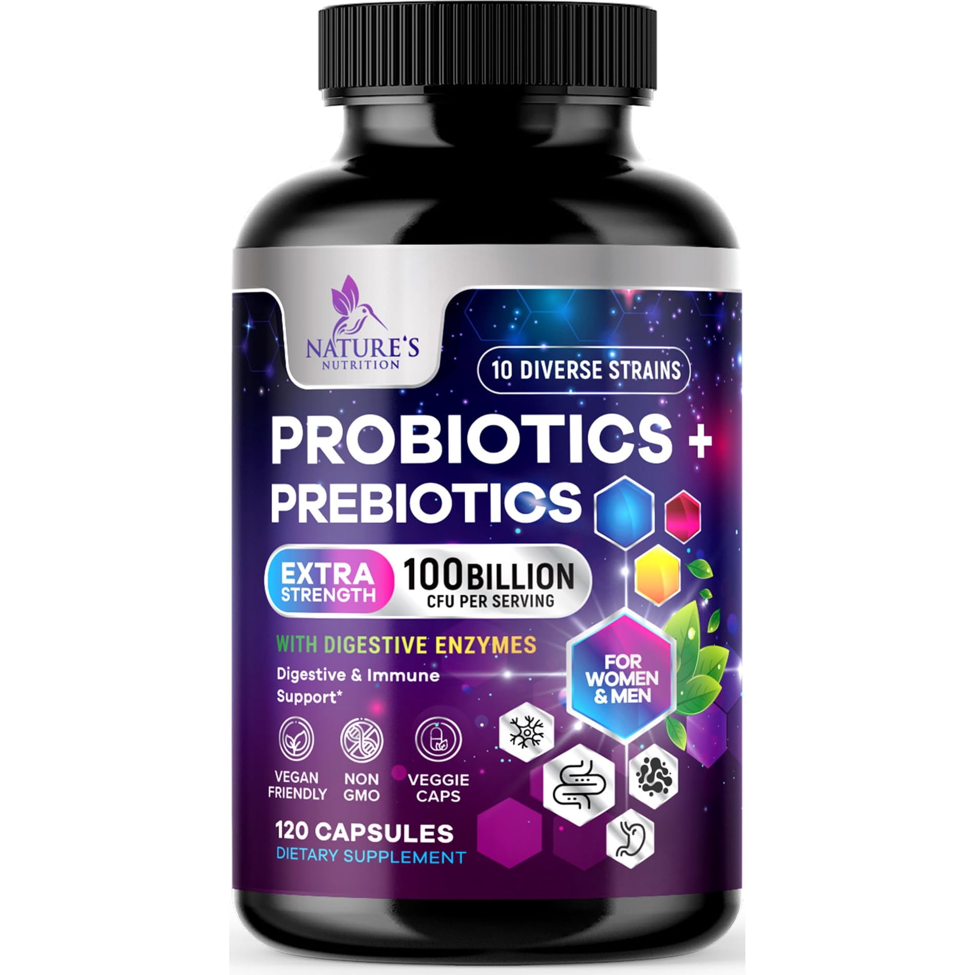 Probiotics 100 Billion CFU - 10 Premium Strains + Prebiotics - Best Daily Probiotic Supplement for Women & Men - For Immune Support, Digestive Health, Occasional Constipation & Gas - 120 Capsules