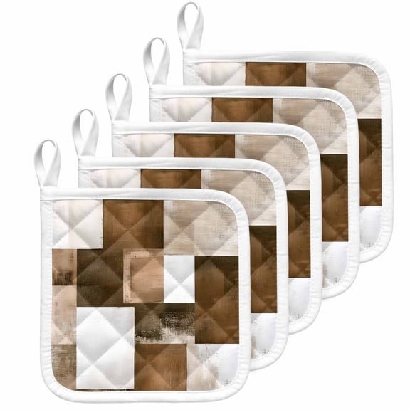 Brown Geometric Pot Holders for Kitchen Heatproof Potholder, 5 Pack Vintage Oil Painting Contemporary Hot Pads Multipurpose Oven Pads Cloth Potholders Trivet for Cooking Baking