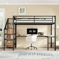 thumbnail image 2 of Queen Size Loft Bed Frame Charging Station and L-shaped Desk, Metal Loft Bed with Small Wardrobe and Adjustable Shelf, High Loft Bed with LED for Teens Adults, Mattress Not Included, Wood-grain+Black, 2 of 8