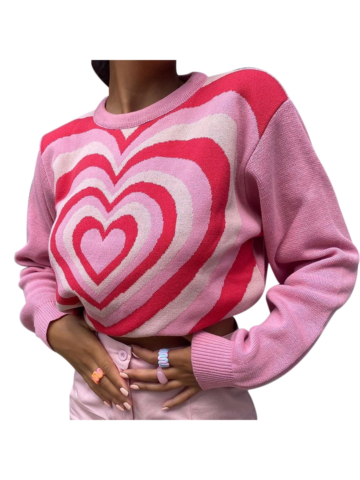 MERSARIPHY Women's Round Neck Sweaters, Heart Print Long Sleeve Loose Knit  Tops - Walmart.com