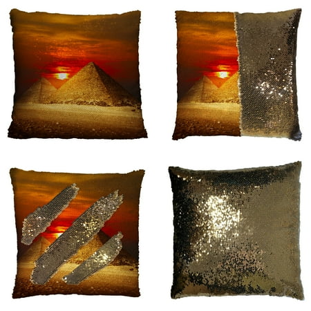 Pyramid Pillows For Reading GCKG City Landscape Pillowcase, Egyptian Pyramids in Giza Valley under Sunset Reversible Mermaid Sequin Pillow Case Home Decor Cushion Cover 16x16 inches ()