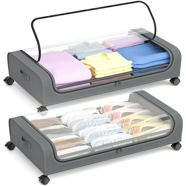 Cajas de Almacenamiento Bajo Cama con Ruedas y Tapa Transparente, 43,5x80x16 cm, Bolsas para Organizar Ropa de Dormitorio, Mantas, Zapatos, 2 Piezas