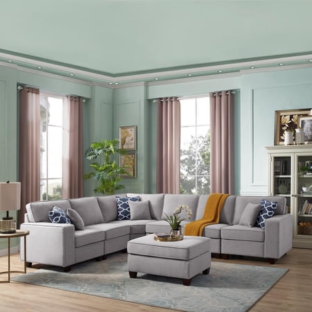 LILOLA Casanova 7 Piece Modular Sectional Sofa with Ottoman in Light Gray Linen
