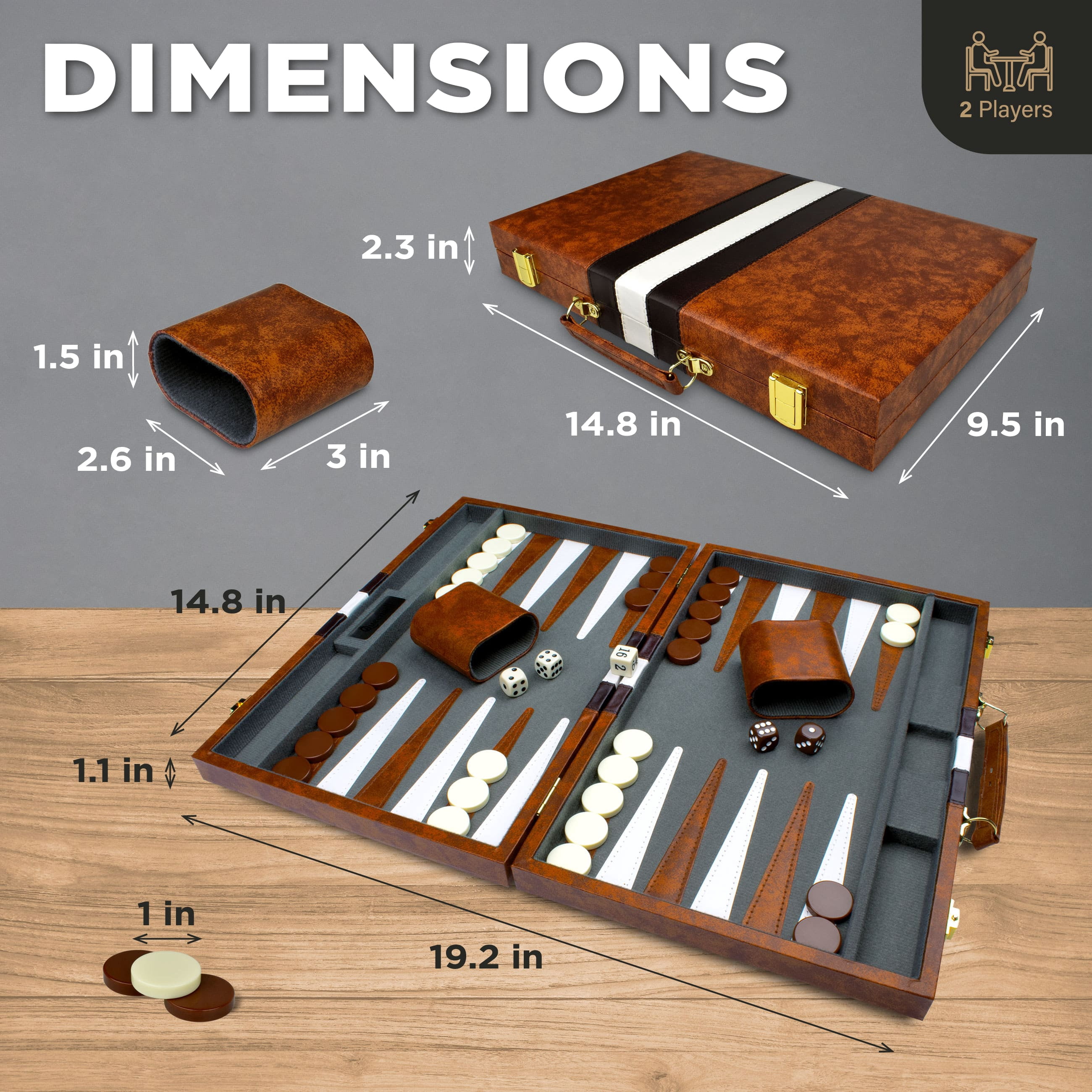 Queensell Backgammon Board Game Set – 15 inch with 32 Pieces in PU Leather Case for Adults and Kids