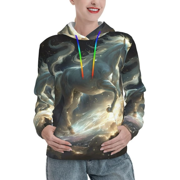 Kdxio Space White Horse Print Womens Oversized Hoodies Sweatshirts Hooded Pullover Tops Sweaters Casual-Small