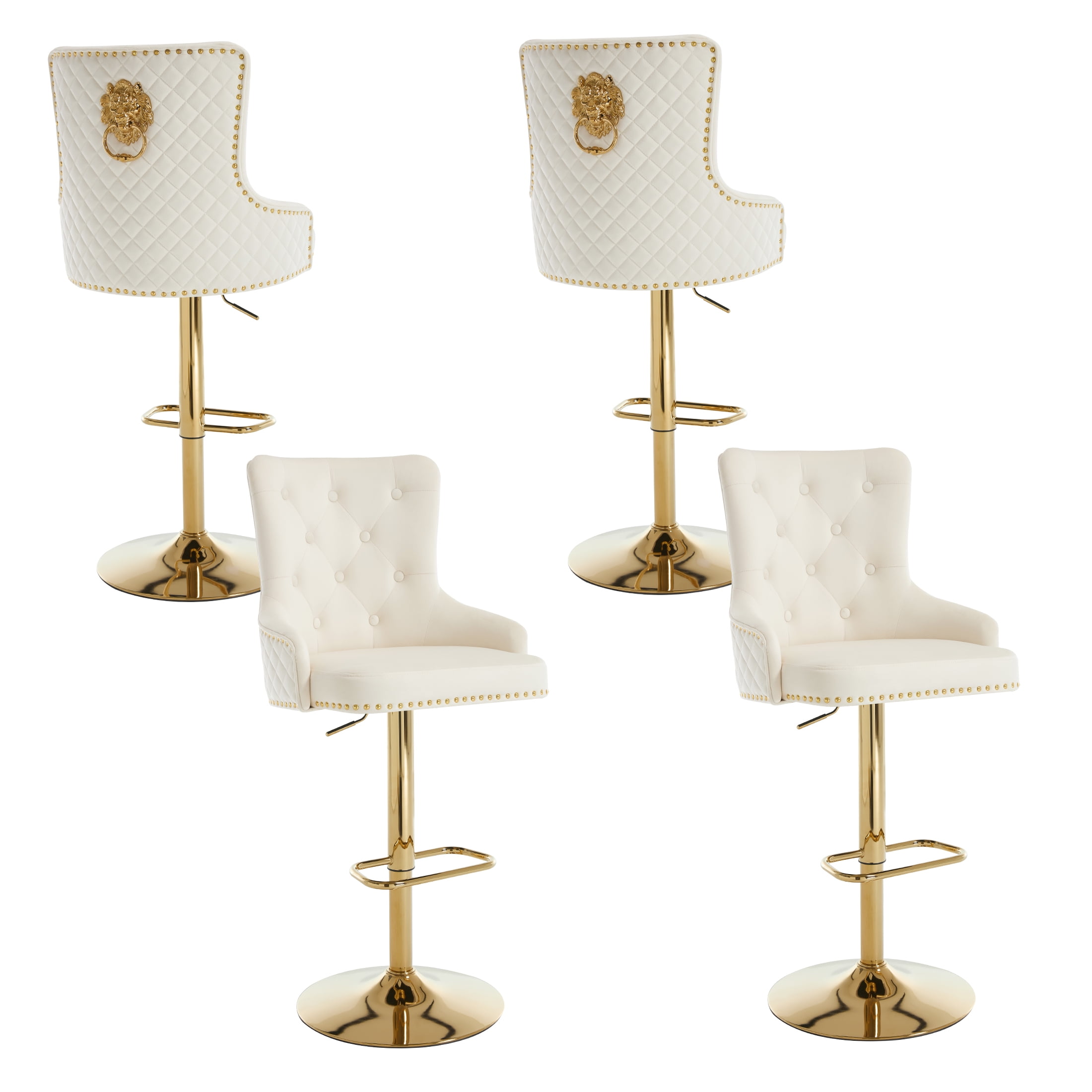Velvet Gold Bar Stools Set of 4 Modern Counter Height Bar Stools with Lion Pull Ring Tufted Back, Nailhead Upholstered Barstools for Home Kitchen Island, Swivel Adjustable Stool Chair in Cream