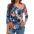thumbnail image 2 of Women's 3/4 Sleeve Button Up Shirt with Lapel Collar and Floral Print, Casual Fashion Top for Daily Wear, Lightweight Summer Blouse Dark Blue 2XL, 2 of 7