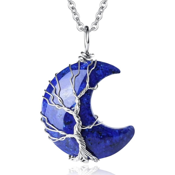 PinesC Necklaces for Women Crescent Moon Pendant Necklace Tree of Life Wire Wrapped Crystal Necklaces Natural Gemstone Quartz Jewelry for Women Men Deep Blue