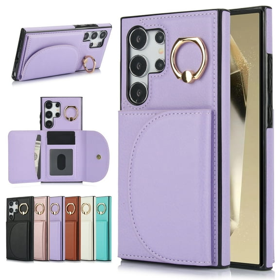 Allytechgroup Phone Case for Samsung Galaxy S21 Ultra, PU Leather Galaxy S21 Ultra Cover with Card Holder, Rotating Ring Stand PU Leather Shockproof Anti-Scratch Wallet Case for Women Men,Purple