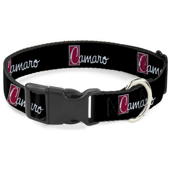 GM General Motors Pet Collar, Dog Collar Plastic Buckle, 1972 Camaro Script Emblem Black Silver Reds, 7 to 8.5 Inches 0.5 Inch Wide