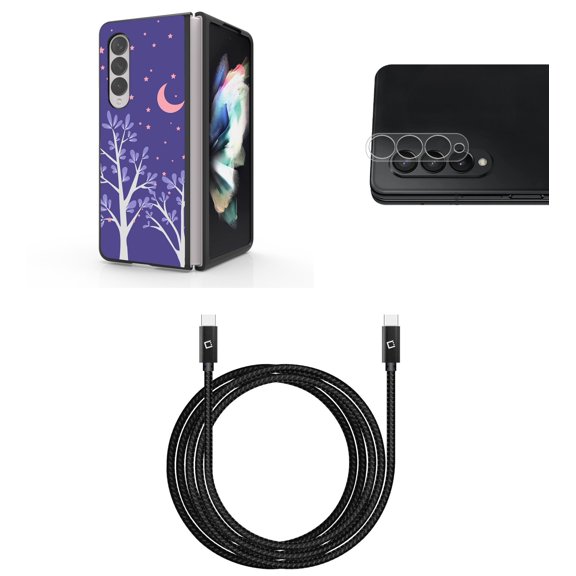 Accessory Bundle for Galaxy Z Fold 4: Slim Snap-On Case (Purple Night), Rear Camera Glass Protector, Nylon Braided USB-C to USB-C Cable (4 Feet)
