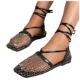 thumbnail image 5 of Women's Mesh Wrap-Up Heels Square Toe Fishnet Sandals Strappy Flat Slides Summer Closed Toe Beach Party Shoes（Black，Size 8.5), 5 of 8