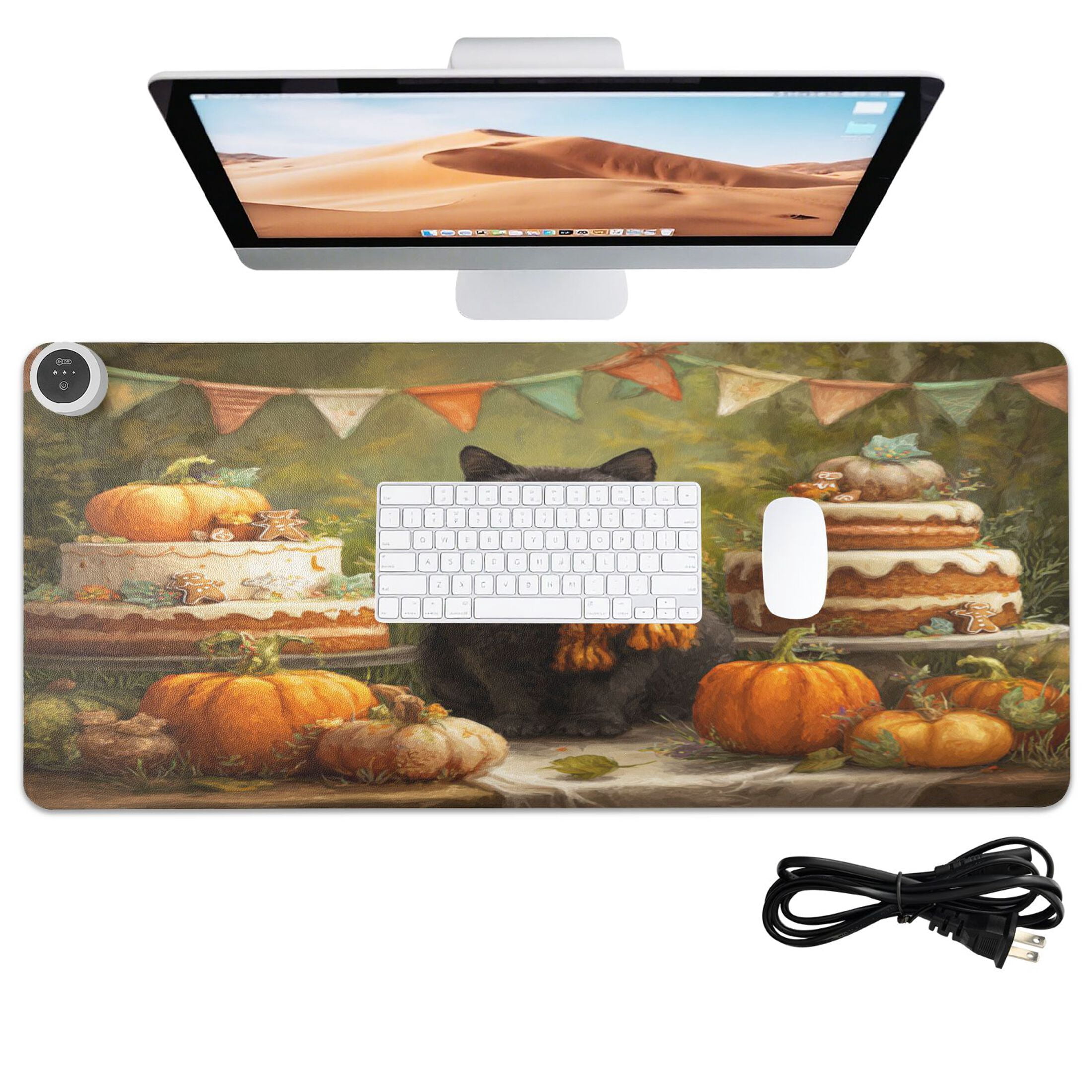 Large Heated Desk Mat Mouse Pad 31.5"x13"PU Leather Graphene Heating Desk Warmer with 3 Temperature Settings 110V US Plug Non-Slip Warm Pad for Home, Office, and Gaming Black Cat Halloween Party