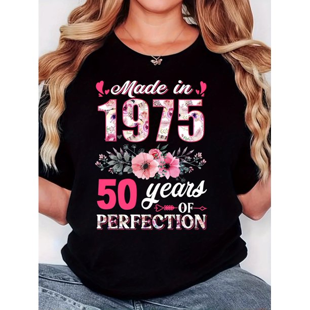Women's Retro 1975 Floral Print T-Shirt - "Made in 1975" Design with Pink & White Flowers, Casual Round Neck Short Sleeve Tee, Comfortable Fabric, Perfect for Casual Attire, Casual Wear Tee | Vintage