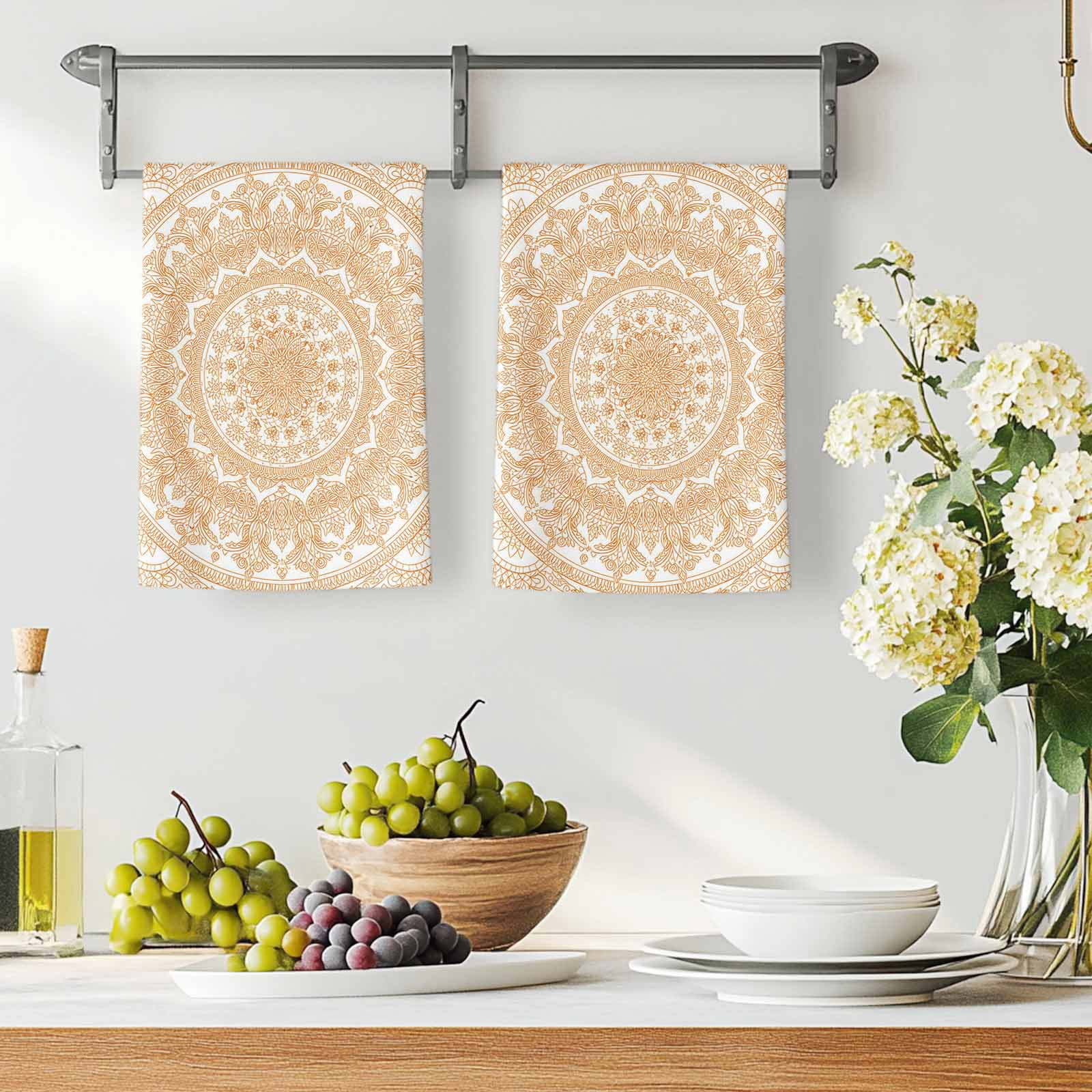 Boho Geometric Kitchen Towels Set of 2, Ethnic Bohemian Farmhouse Art Motifs Absorbent Dish Towels for Kitchen, Microfiber Hand Towel, Quick Drying Tea Towel for Cleaning Decorative Dishcloths