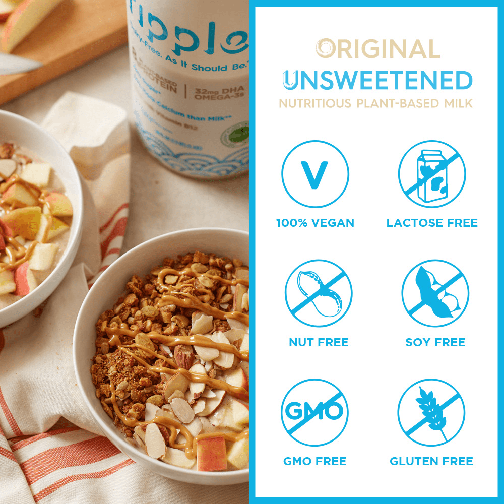 Ripple Plant-Based Milk, Original Unsweetened, Refrigerated, 48 fl oz Bottle – Vegan Dairy-Free Milk Alternative with Pea Protein for Cereal, Smoothies, and Everyday Use