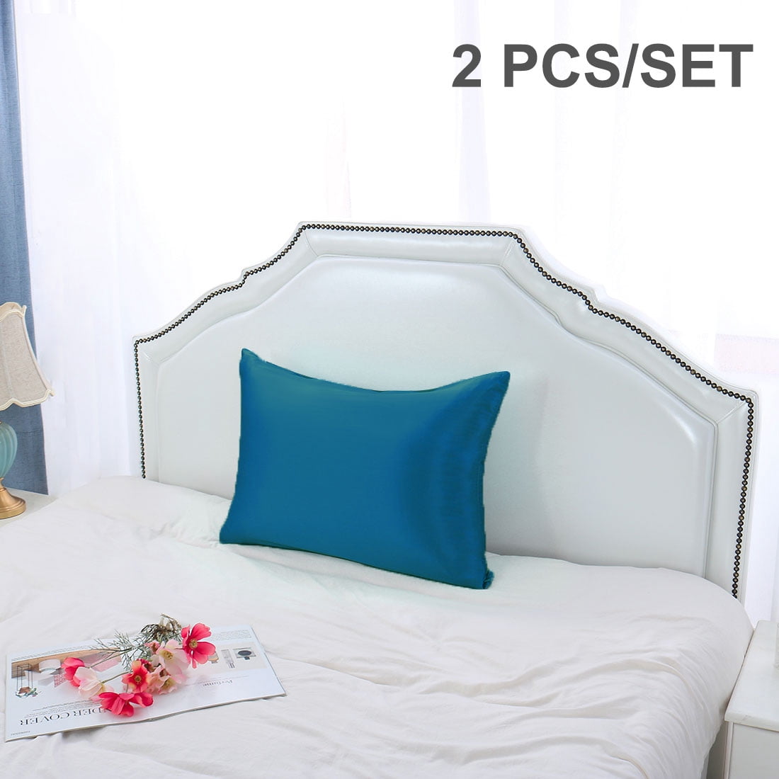 Unique Bargains 2 Pieces 100% Silk Fabric Pillowcase Peacock Blue Travel Size