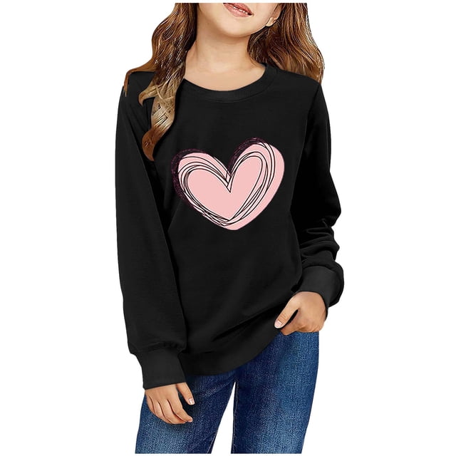 Plebaso Enfants Chandails en Molleton de la Saint-Valentin Garçons Col Rond Imprimé Cœur Chandail Graphique Filles Manches Longues Hauts