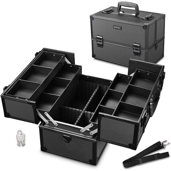 BYOOTIQUE 14" Pro Makeup Train Case, Adjustable 4 Trays Cosmetic Storage Organizer Box w/Lock, Large Black
