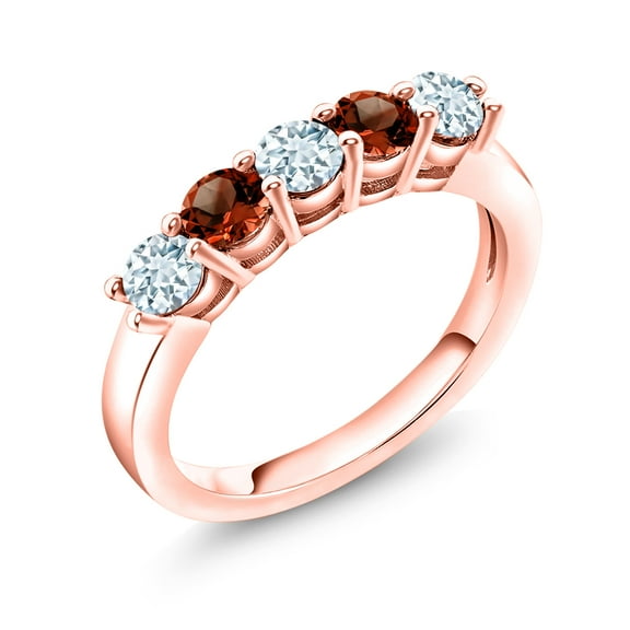 Gem Stone King 18K Rose Gold Plated Silver Sky Blue Aquamarine and Red Garnet 5-Stone Wedding Anniversary Band Ring for Women | 0.91 Cttw | Gemstone March Birthstone | Size 7