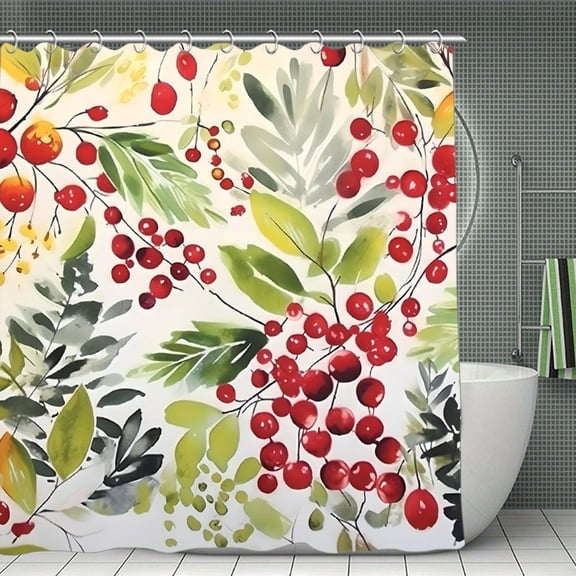 Leaves Berries Watercolor Red Berry Print Shower Curtain,Modern Fabric Waterproof Shower Curtain Set with Hooks,70.8×70.8Inch