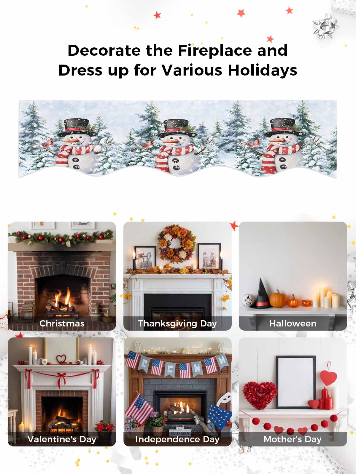 Christmas Red Snowman Fireplace Mantle Scarf Winter Snow Scene Pine Tree Forest Bird Mantel Cover Runner Fireplace Cloth for Holiday Party Home Living Room Decor 60 x 17 Inch