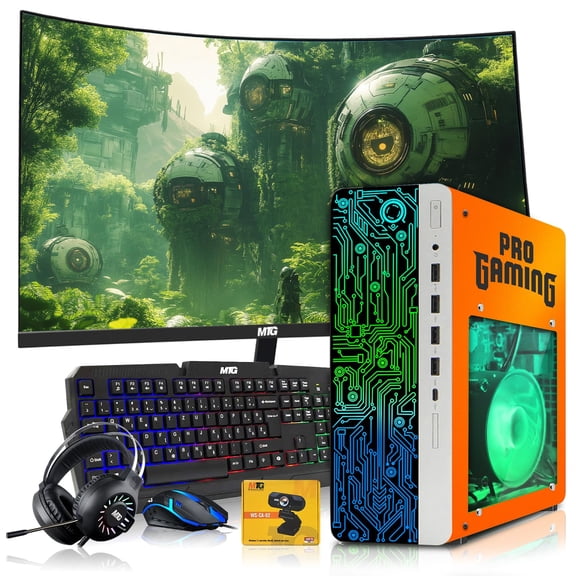 Restored HP Gaming PC Desktop Computer Phoenix AMD A10-9700, RX 550, 16GB RAM, 1TB SSD, 27 Inch Curved Monitor, RGB KBM with AI Copilot, WiFi, RGB Headphone, Webcam, Windows 11