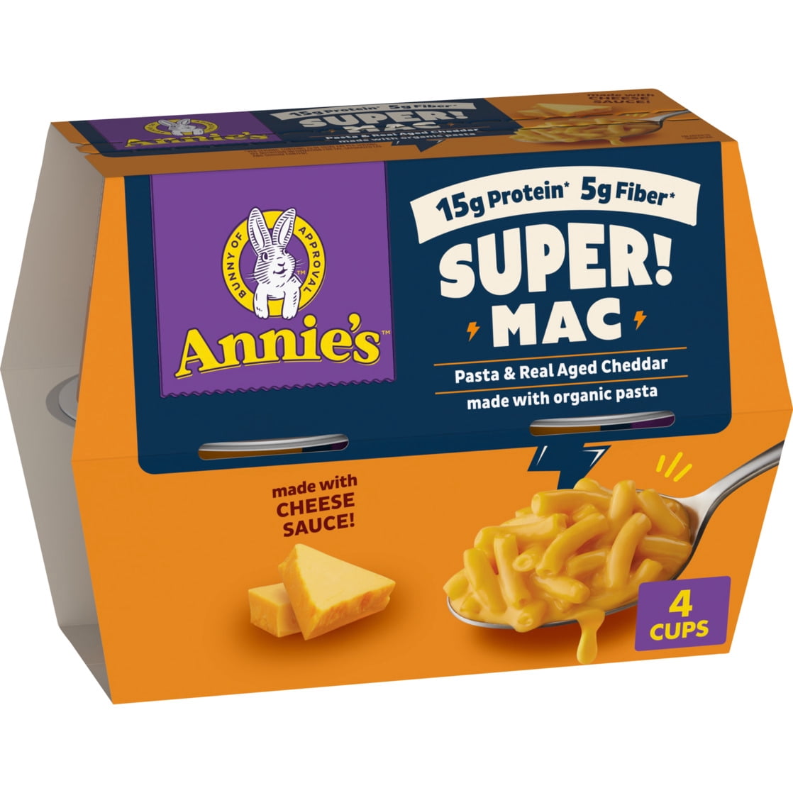 (3 pack) Annie's Protein Super! Mac Real Aged Cheddar Pasta Cups, 4 Count, 11.44 oz