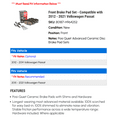 thumbnail image 2 of Front Brake Pad Set - Compatible with 2012 - 2021 Volkswagen Passat 2013 2014 2015 2016 2017 2018 2019 2020, 2 of 2