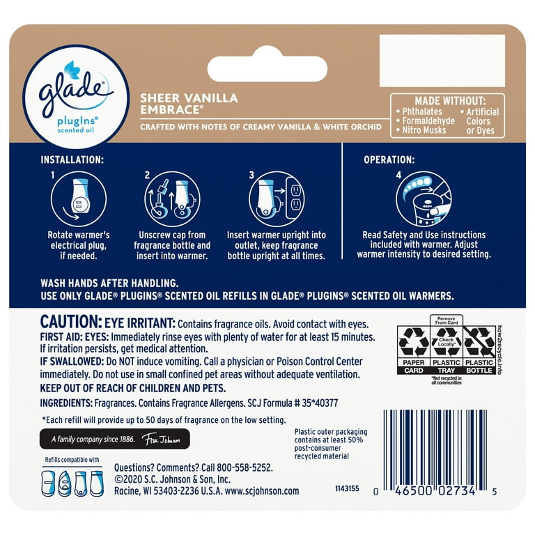 Glade Plugins Scented Oil Air Freshener Sheer Vanilla Embrace Refill -  1.34oz/2ct : Target