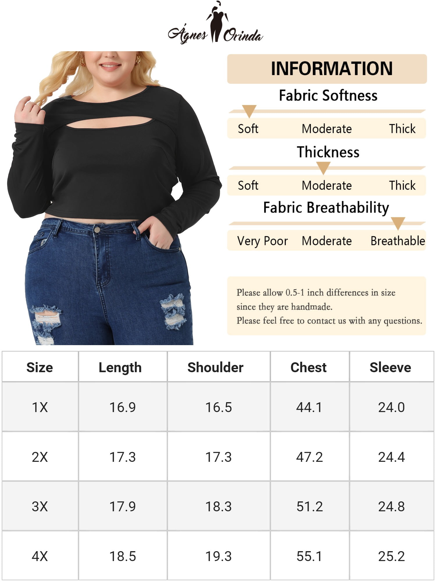 Unique Bargains Women Plus?Size Long Sleeve Round Neck Cut Out Front Fitted T-Shirts 4X Black