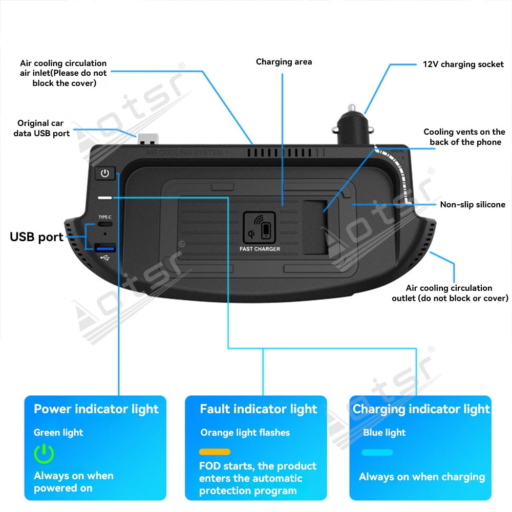 Aotsr AI car Auto wireless charger for Ford Mustang 2015-2022 Intelligent Infrared Fast Wireless Charging