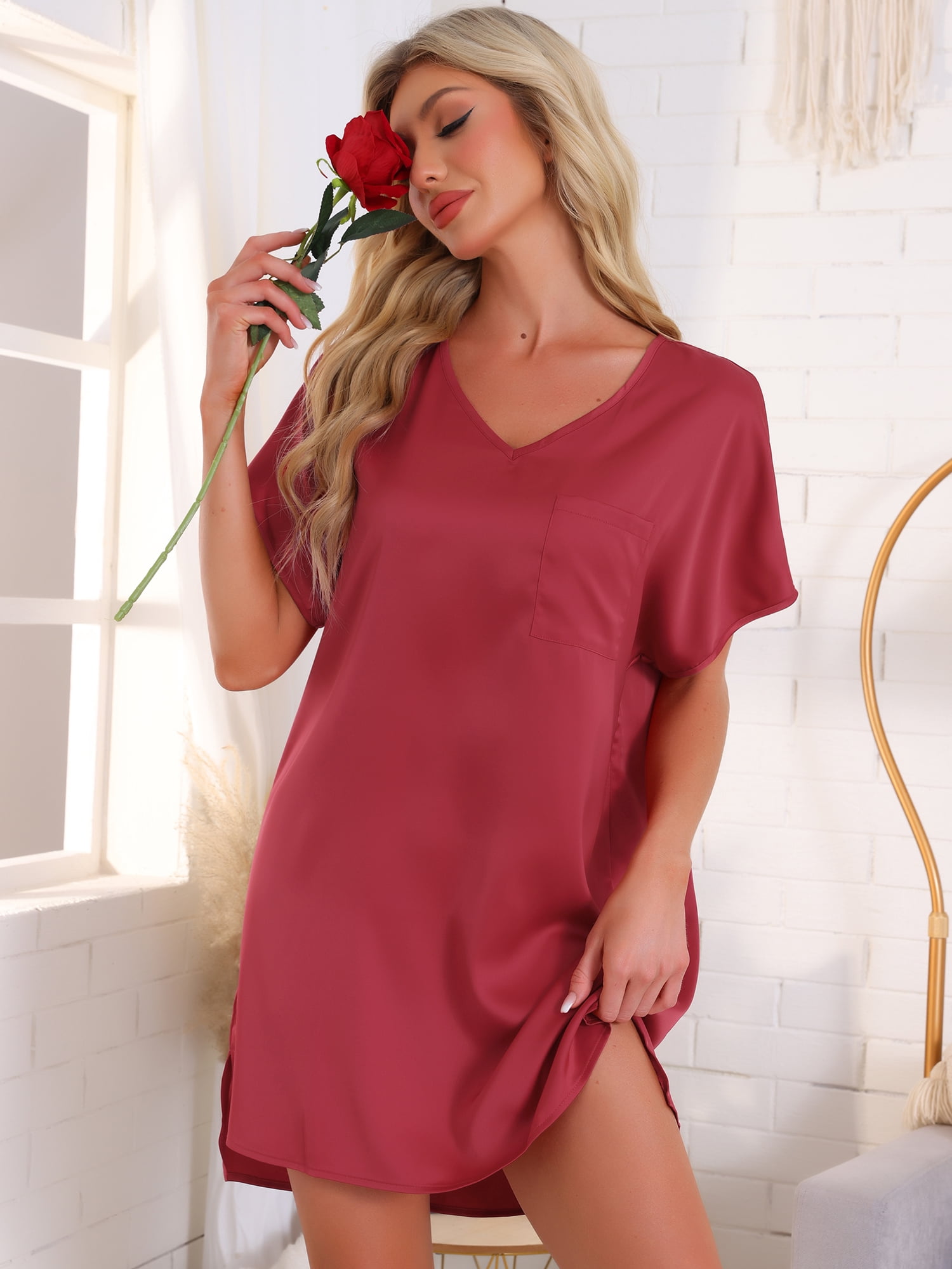 DARING DIVA Women's Satin Nightgown Short Sleeve Thigh Length Sleepdress M Red