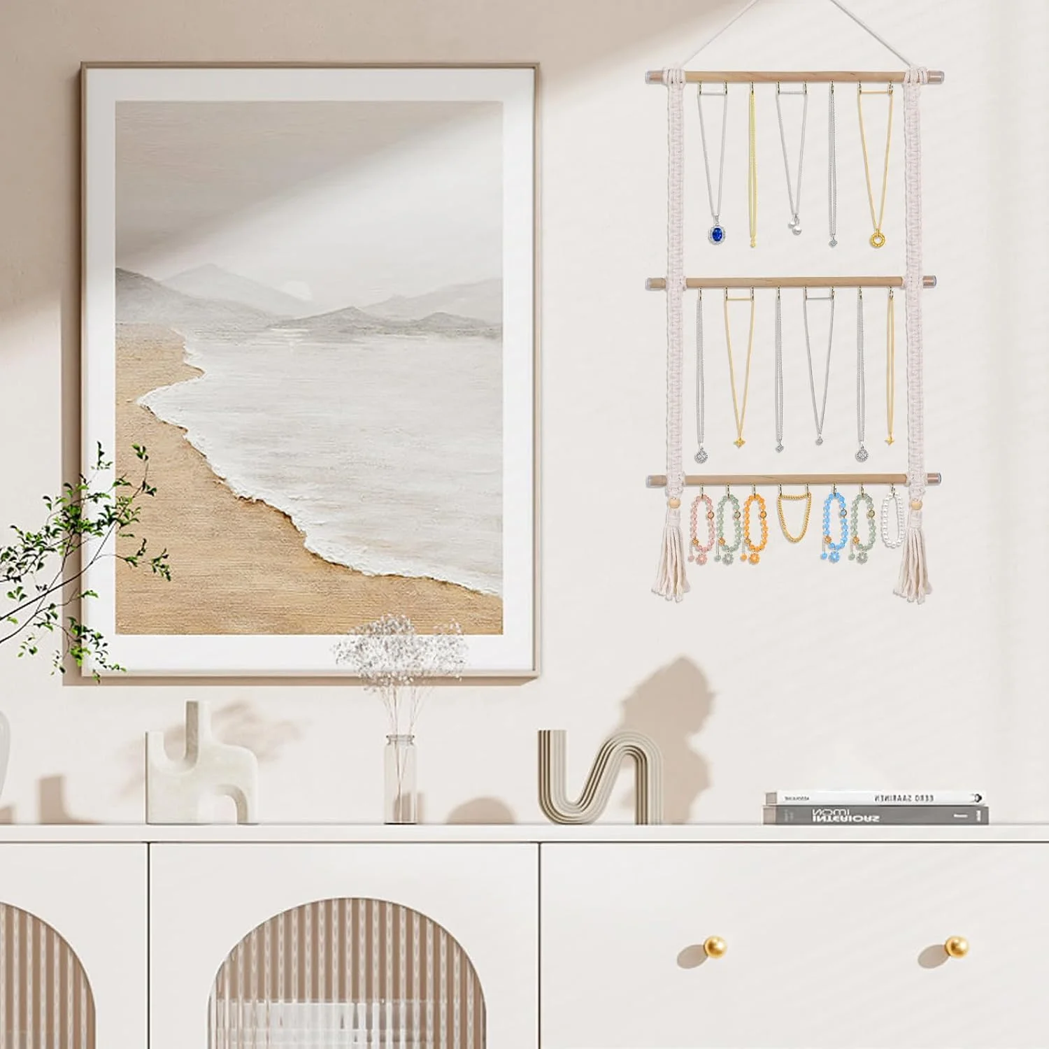 Hanging Jewelry Organizer, Macrame Necklace Holder with 30 Hooks, Wall Mounted Necklace Rack with Tassel for Girls Bracelet Earrings Headband Bow Display (Macrame) Macrame Macrame Macrame