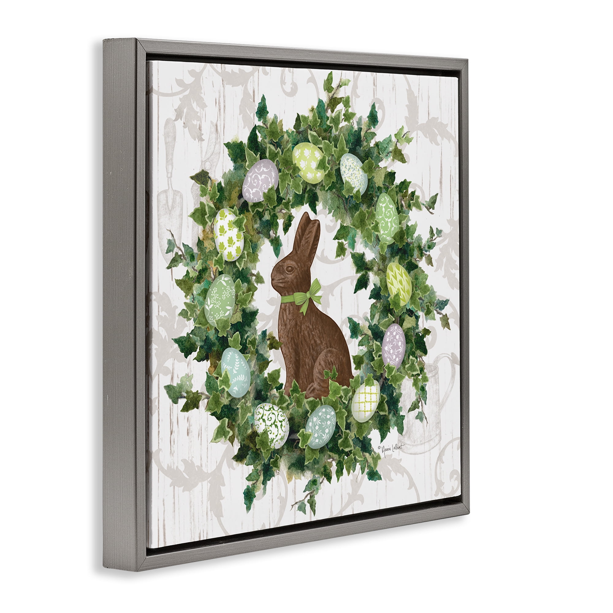 Stupell Industries Spring Easter Egg Wreath Botanical & Floral Painting Gray Floater Framed Canvas Art Print Wall Art, 18 x 18