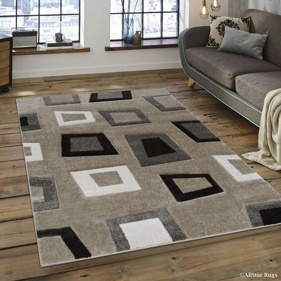 Allstar Brown / Beige Modern Geometric square design Area Rug (7' 9" x 10' 5")