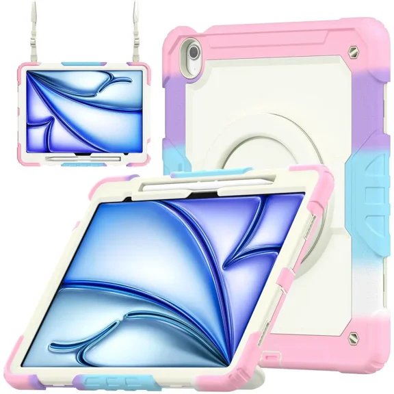 Case for iPad Air 13 inch M3 2025 / M2 2024 with Built-in Screen Protector, 360° Rotating Stand, Pencil Holder, Adjustable Shoulder Strap, Pencil Holder