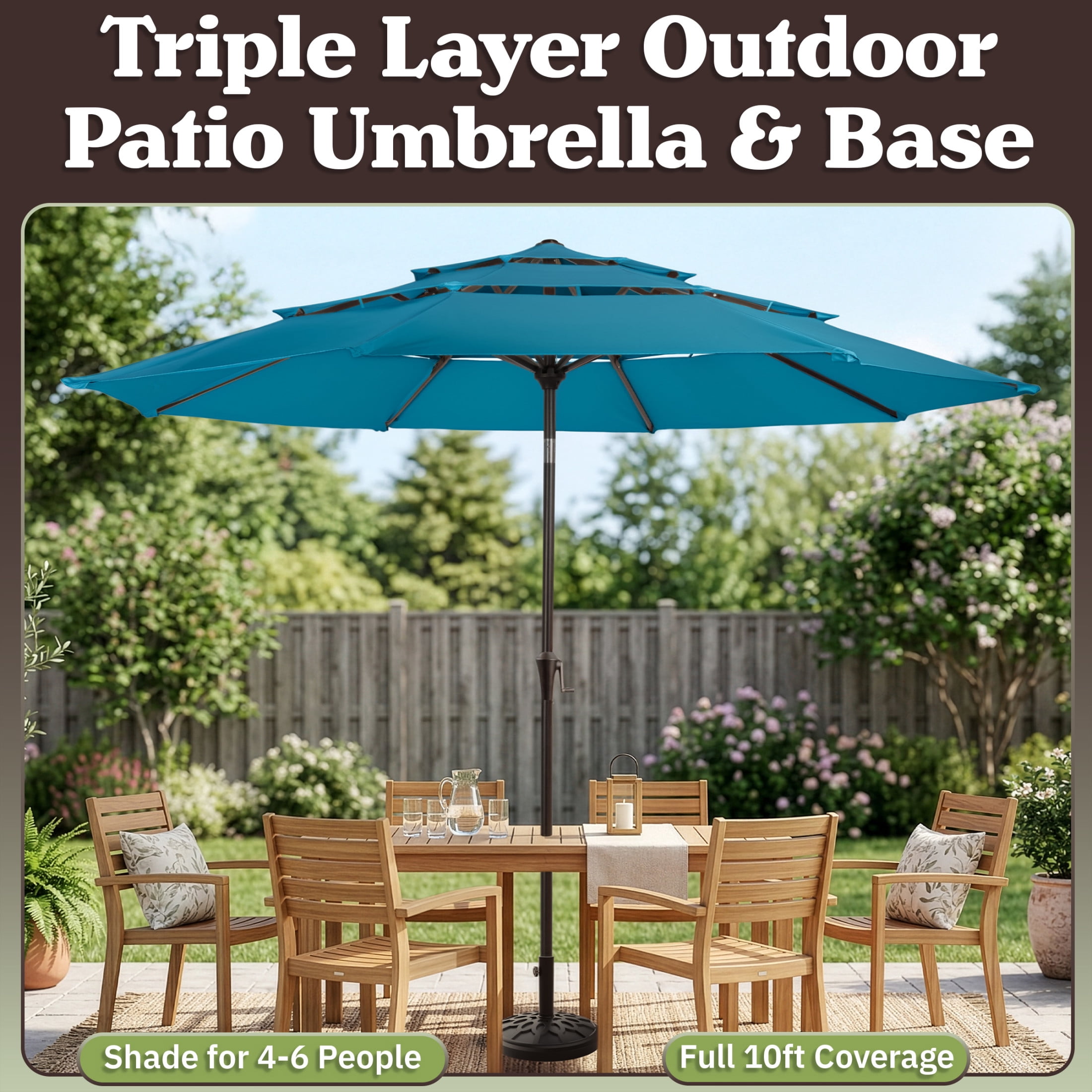 Pure Garden 10ft 3-Tier Umbrella for Patio Shade Canopy with 19lb Base, Turquoise Green