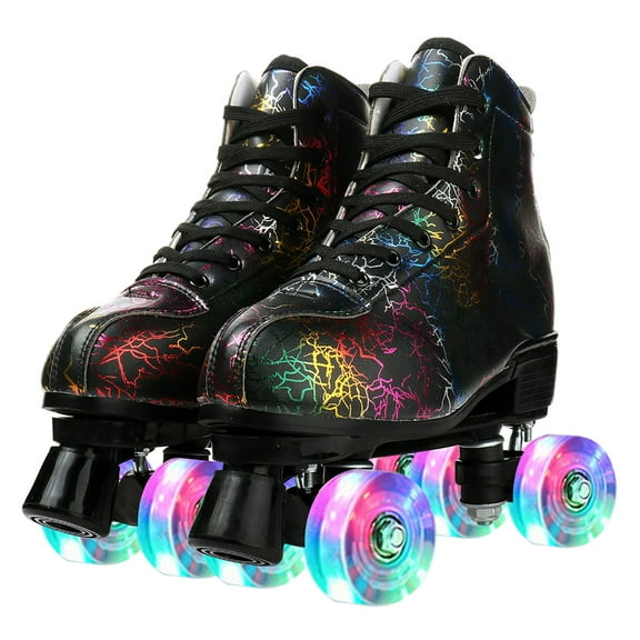YYW Teen Kids Roller Skates,Light-up-Wheel Double Row Quad Skate for Beginner,Black(Women 7.5/ Men 6)