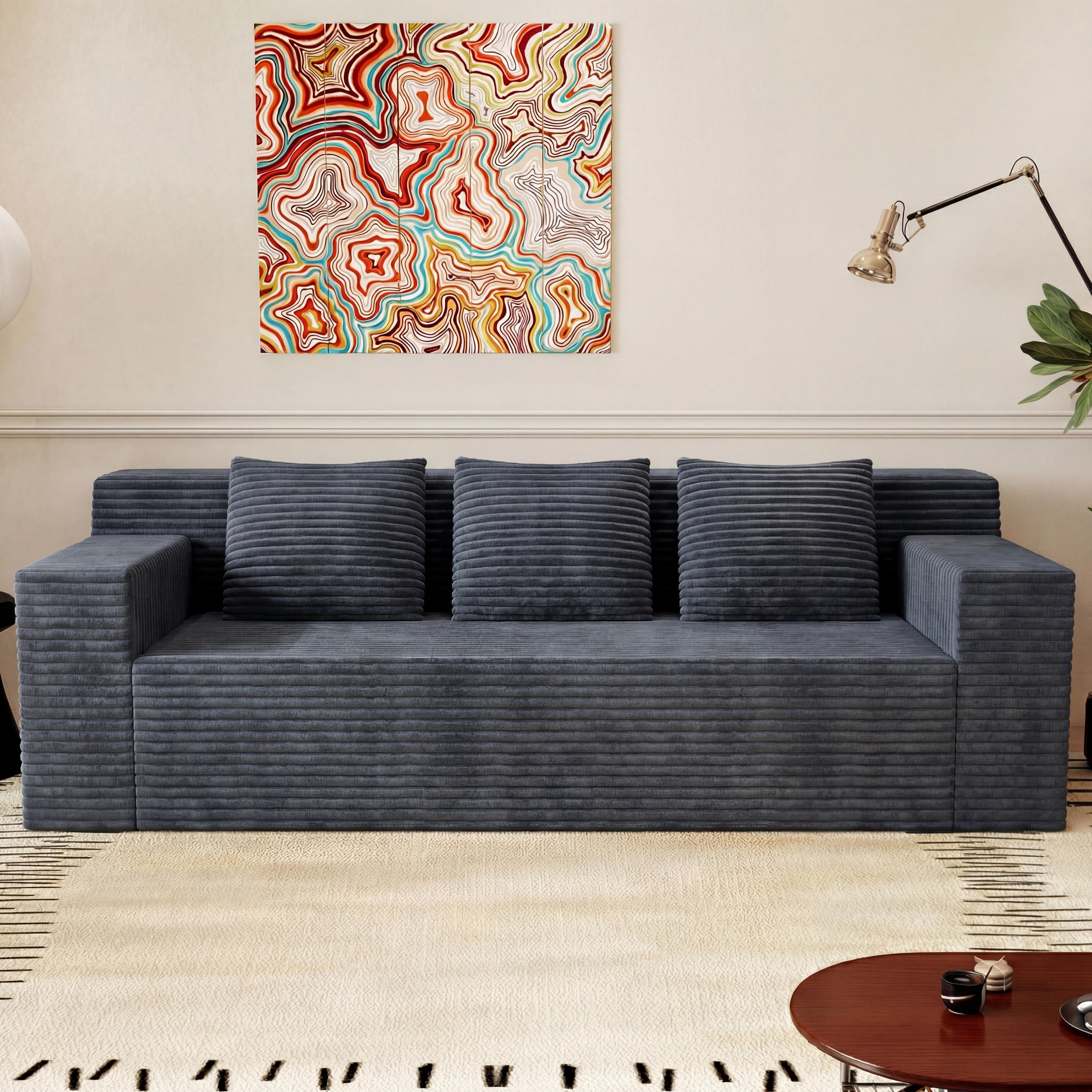 HSUNNS 71" 3 Setaser Sofa, Comfy Extra Deep Seat 3 Seater Couch for Living Room with Soft Upholstered, Free 3 Pillows and Side Pockets, No Assembly Required, Dark Grey