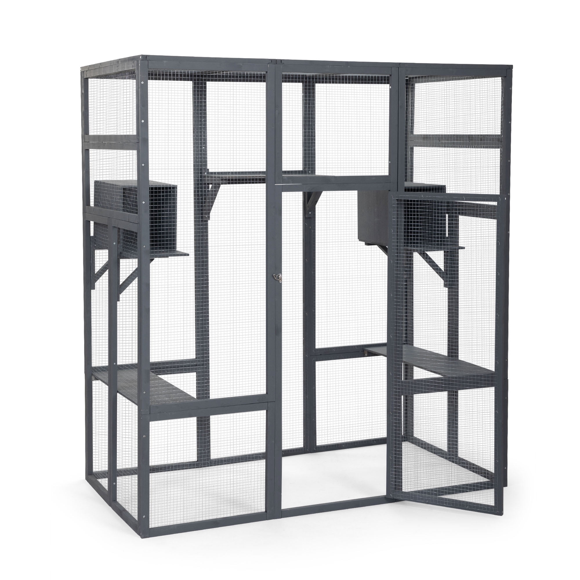 Pefilos 70" Outdoor Cat House for Large Cats, Enclosure Wood Cat Cage with Platforms and Small House, Kitty Catio Condo Playpen, Gray Pefilos 70" Outdoor Cat House for Large Cats, Enclosure Wood Cat Cage with Platforms and Small House, Kitty Catio Condo Playpen, Gray