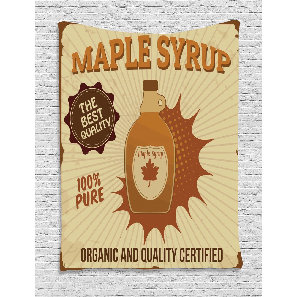 Retro Tapestry, Maple Syrup Ad with Grunge Effect Worn Out Background with Stripes, Wall Hanging