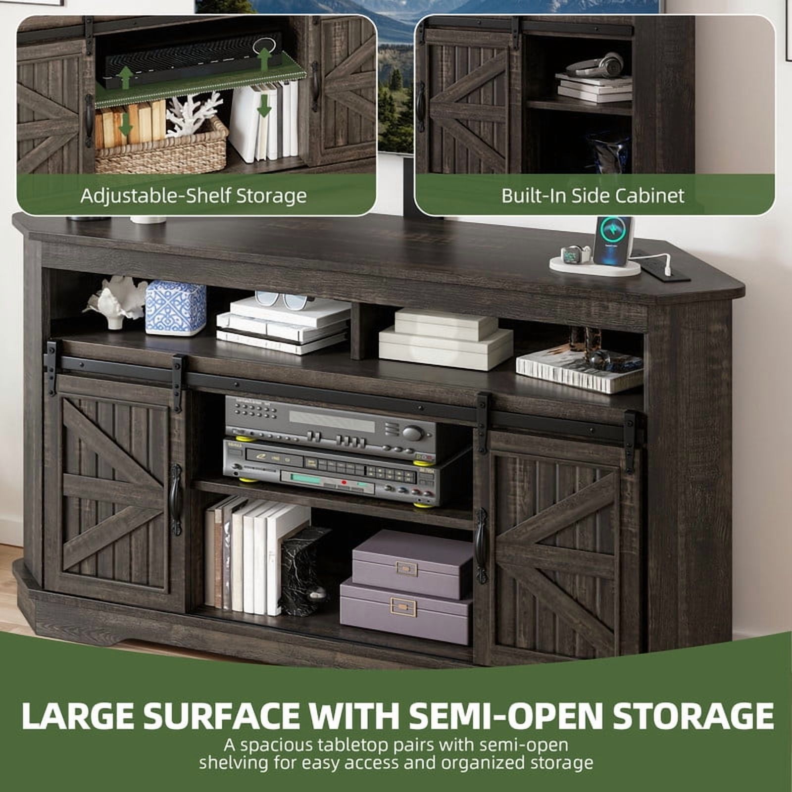 Uforic TV Stand for 70" TV with Mount, Farmhouse Entertainment Center with Power Outlets & Sliding Barn Doors, Dark Rustic Oak